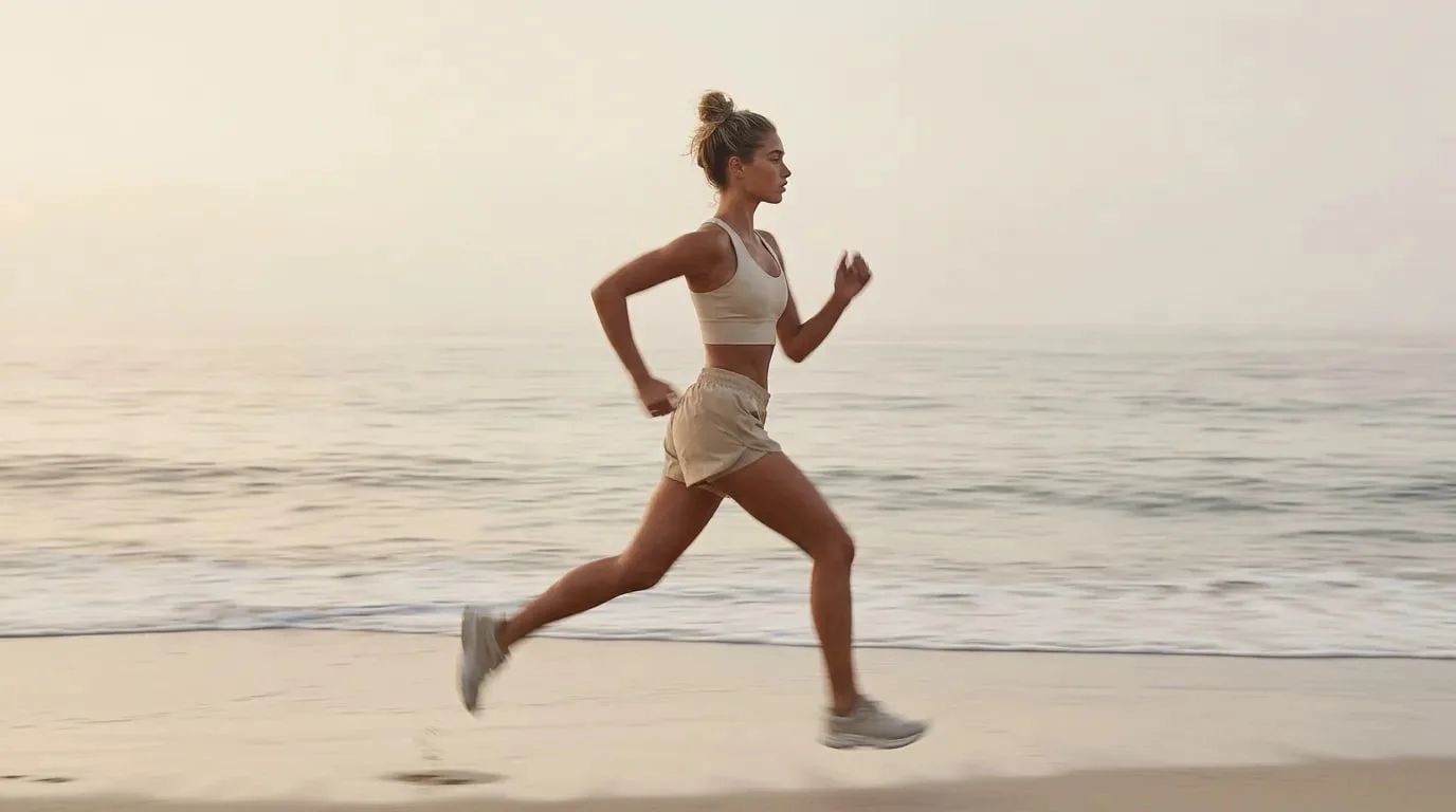 A woman running along the shore at dawn