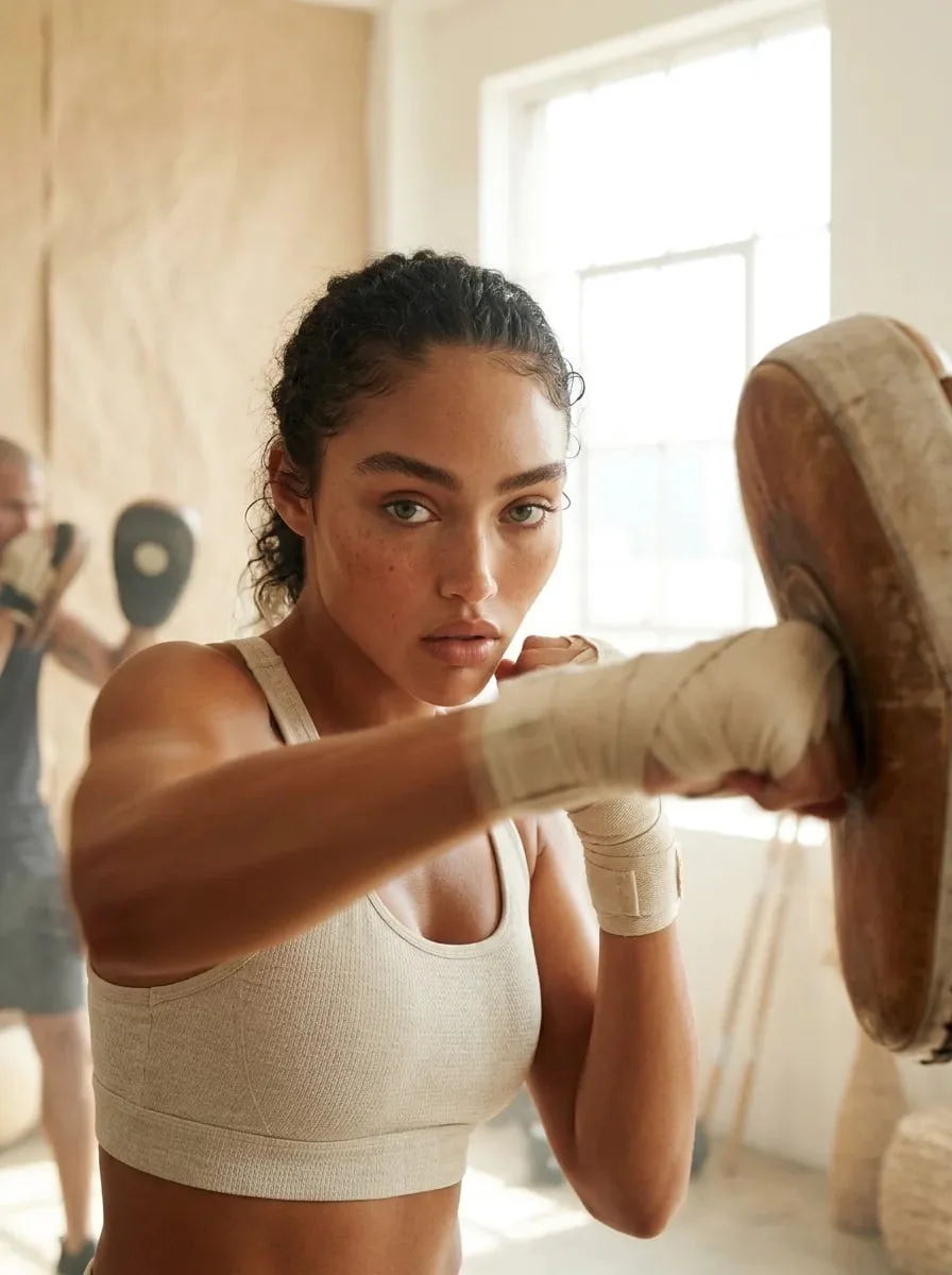 A woman throwing a punch at a pad