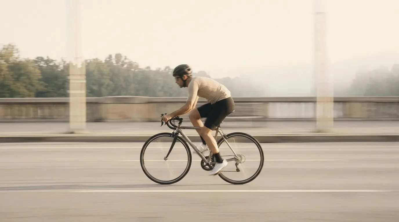 A cyclist passing in morning haze