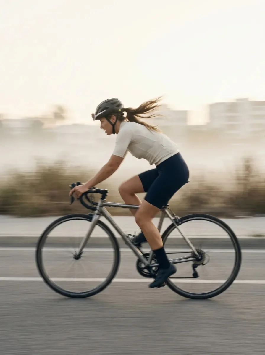 A woman cycling past