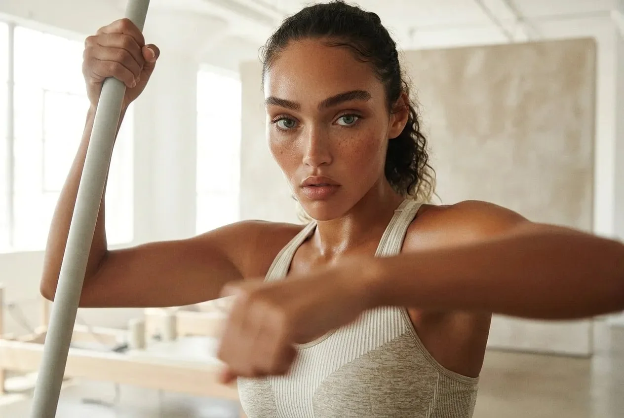 A woman mid-workout in a bright studio