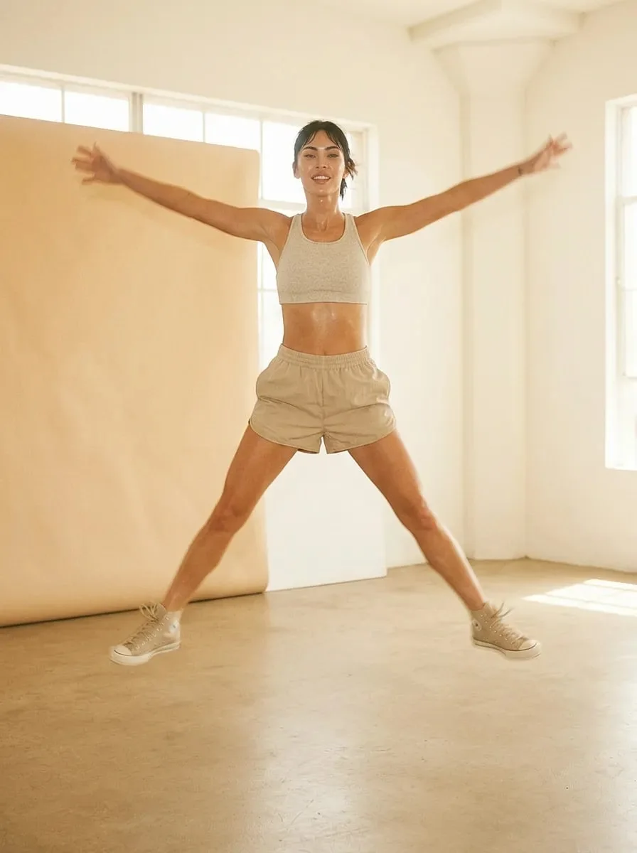 A woman jumping in a bright studio