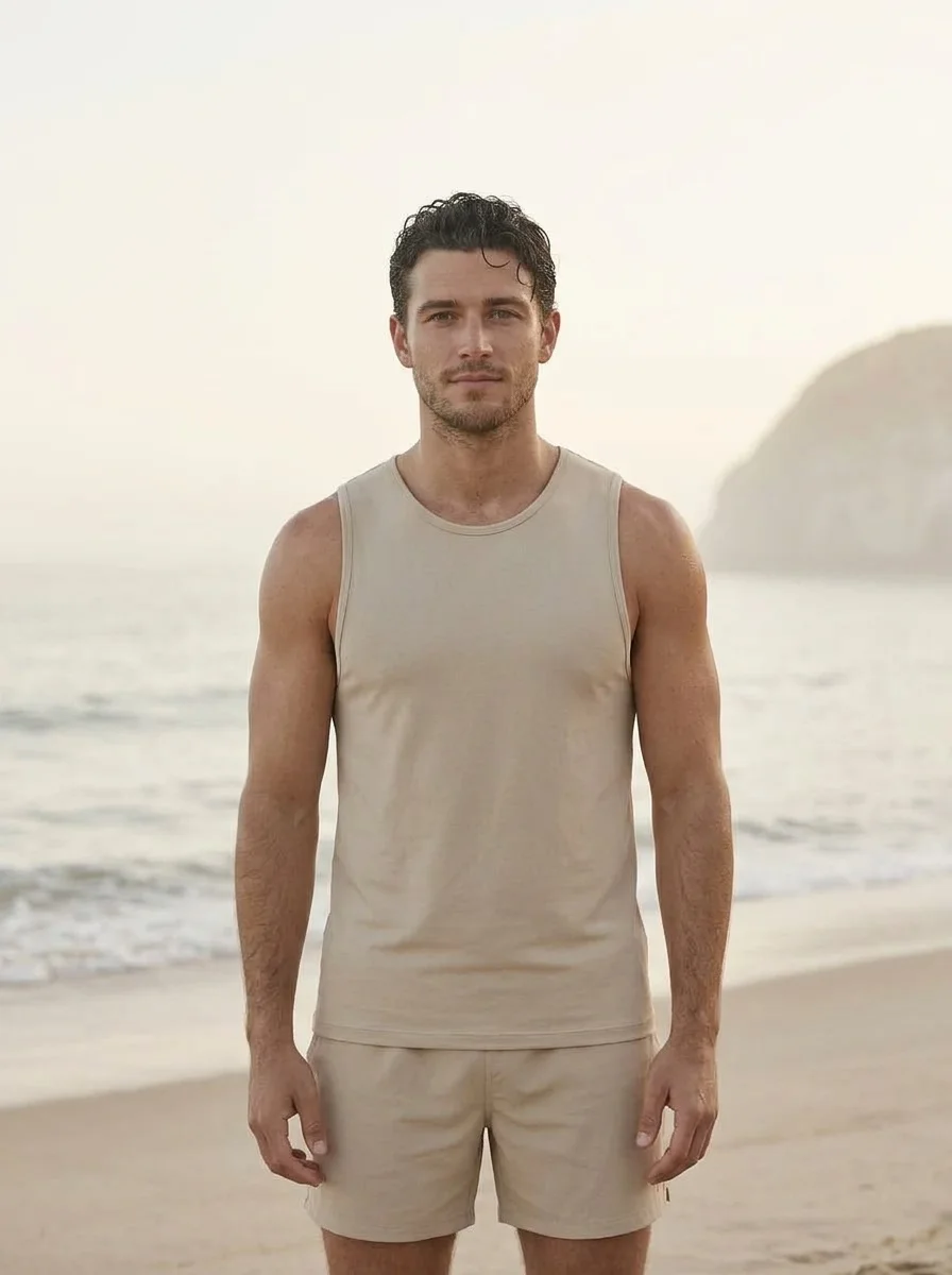 A man by the sea after a swim