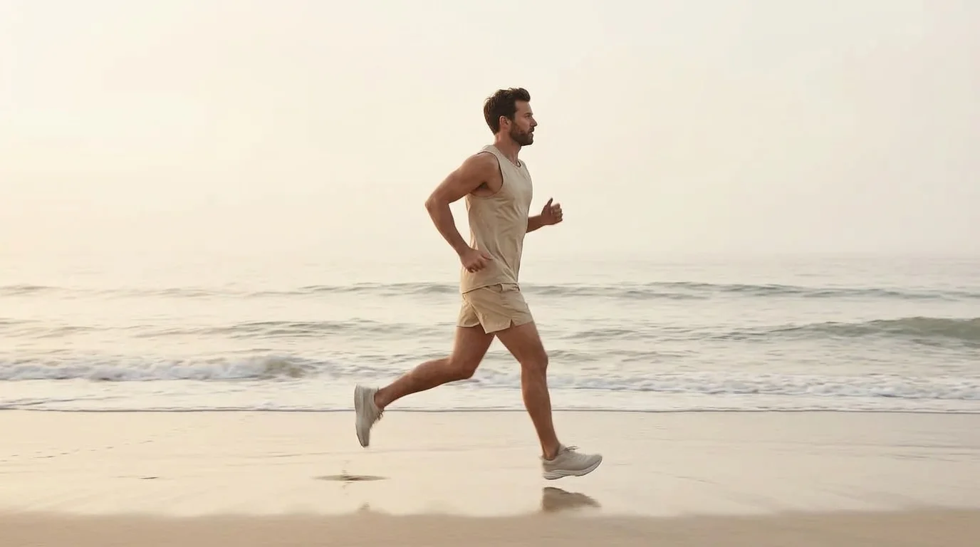 A man running along the shore at dawn