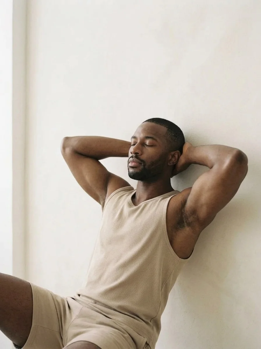 A man resting against a wall, eyes closed